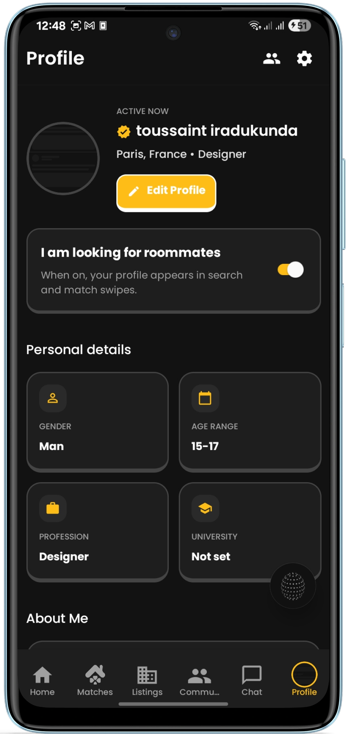 Roomy app profile screen