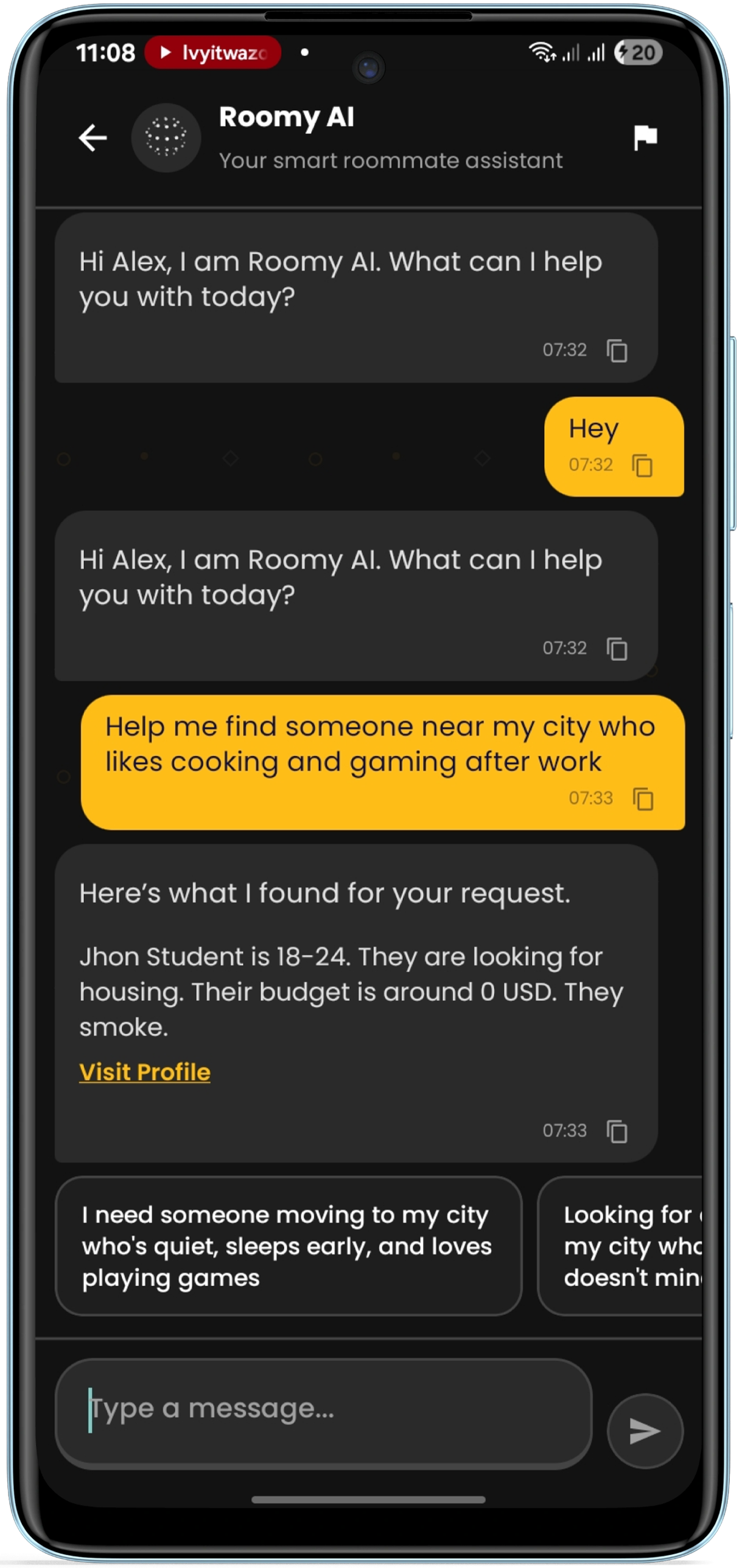 Roomy AI chatbot helping find a roommate
